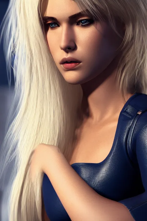 Image similar to 'beautiful blonde model, 2 arms, tight navy-blue leather outfit, full body and face and head, photorealistic, extreme detail, octane render, artstation, unreal engine, Quixel Megascans, octane render, 16k, 8k, photoillustration, RTX'