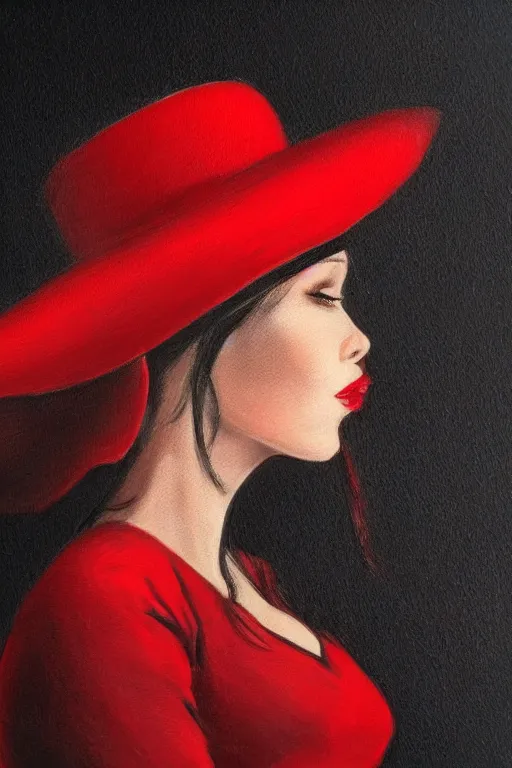 Prompt: elegant long hair lady wearing red dress and tophat, close up portrait, realistic detailed painting, dark background, noir, mysterious