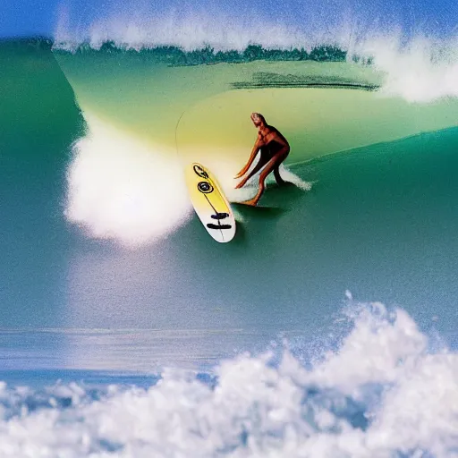 Prompt: 2 0 year old blond surfer on a giant wave, vivid, realistic