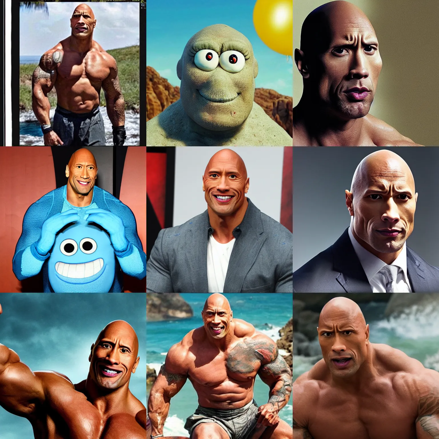 Prompt: photo of dwayne the rock johnson as squidward from spongebob