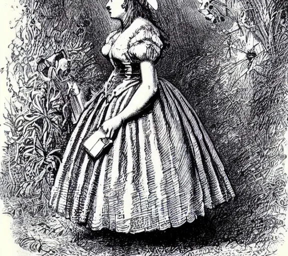 Image similar to Tenniel illustration portrait of Alice, walking in wonderland