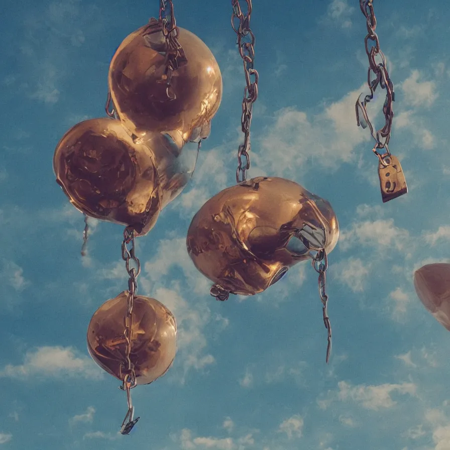 Image similar to beautiful blimps high in the sky, copper chains hanging from the edges, steampunk styled, golden hour, steam clouds, clouds, valves, award winning photography, highly detailed, low poly, extremely wide angle