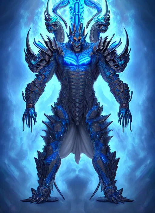 Image similar to muscular and tall blue ghostly fire humanoid dragon!!!! draconian!! intricate ornate iridescent heavy armor!! character concept art, sharp focus, octane render! unreal engine 5! highly rendered!! trending on artstation!! detailed linework!! illustration by artgerm, wlop, and chie yoshii