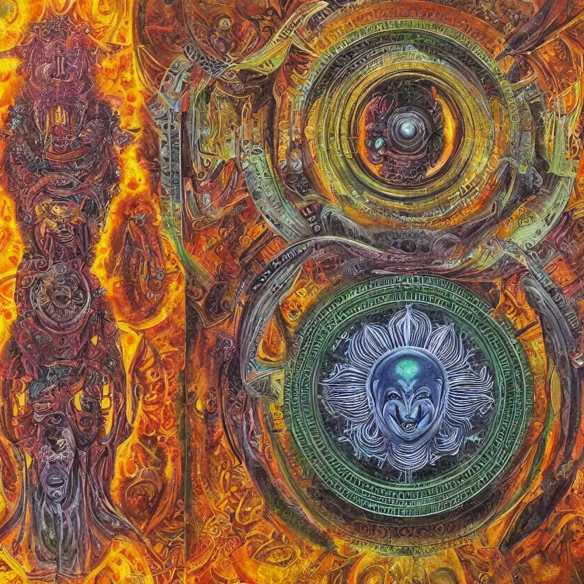 Prompt: biomechanical kali yantra mandala, volumetric shadows and lighting, psychedelic colors, realistic oil painting by h. r. giger,