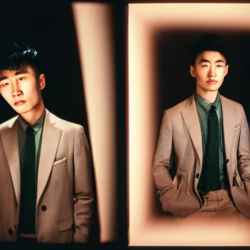 Prompt: Portrait of a young handsome asian man wearing Burberry clothes, fashion, cinematic lighting, captured in low light, sharp focus, detailed, cinestill 800t