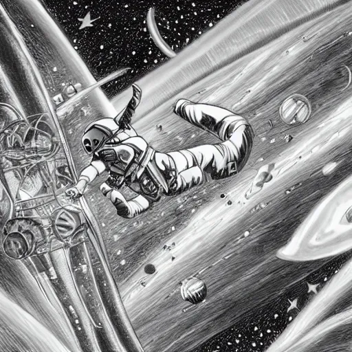 Image similar to Sketch of a lucid dream taking place in space, astonishing detail, amazing shading, award winning