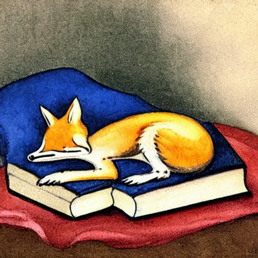 Prompt: fox sleeping on a pile of books, watercolors, 1 9 3 0