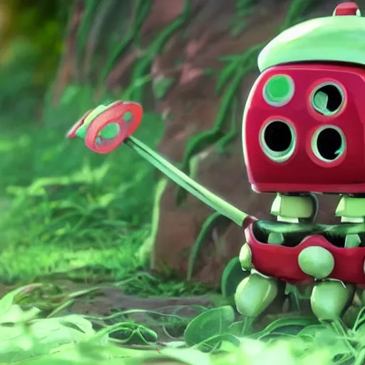 Image similar to cute robot made of plants wearing tomato hat and a chive sword, made in abyss style