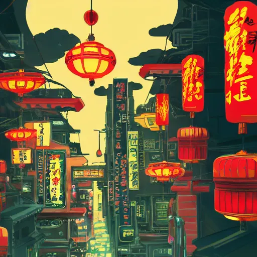 Prompt: anime illustration of neo tokyo with red chinese lamps, studio ghibli, vibrant, flat colours, detailed, artstation, 4 k