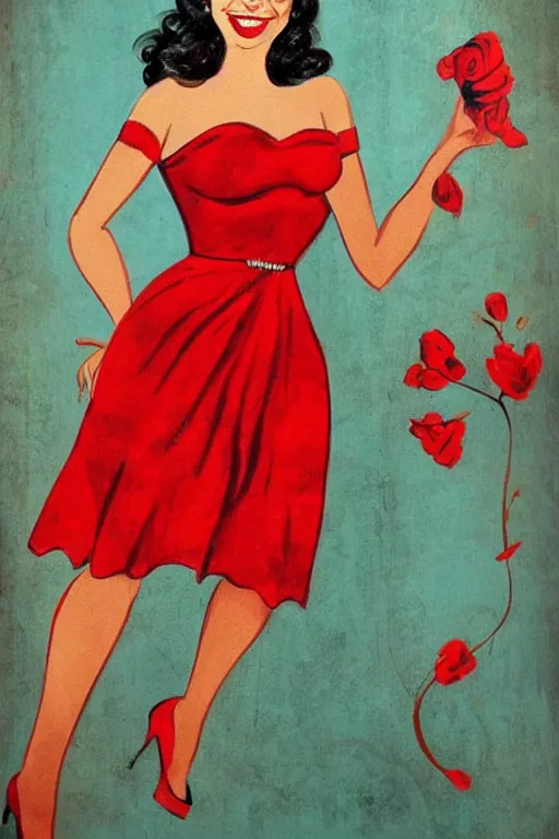 Prompt: a portrait of a beautifull woman, wearing a red dress,with a beautifull smile,in a bloe background. in american style pin up.anatomically correct