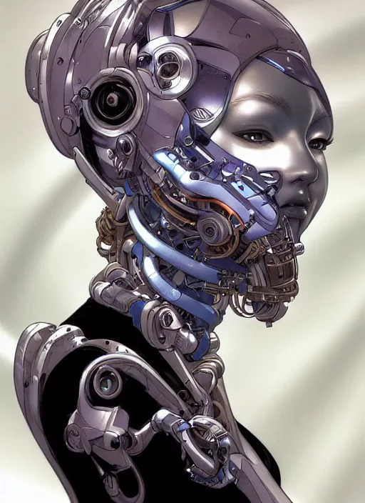 Image similar to portrait of a beautiful cyborg woman by Yukito Kishiro, biomechanical, hyper detailled, trending on artstation