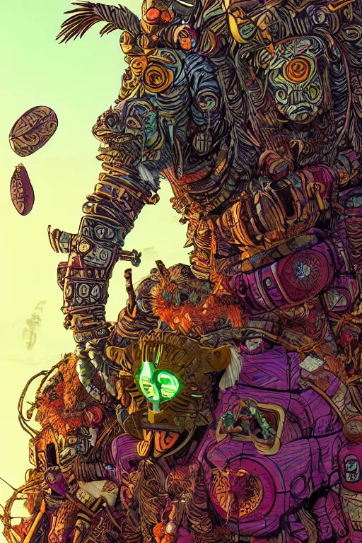 Image similar to totem animal tribal chaman vodoo mask feather gemstone plant global illumination ray tracing hdr that looks like it is from borderlands and by feng zhu and loish and laurie greasley, victo ngai, andreas rocha, john harris radiating a glowing aura