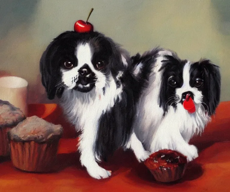 Image similar to white and black japanese chin dog eating cherry muffins, oil painting