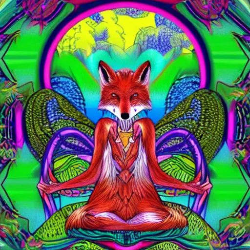 Image similar to an anthromorphic fox man meditating in a garden with a waterfall and clouds, by Lisa Frank in a psychedelic style, digital art