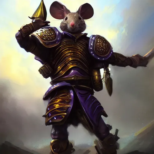 Image similar to armored mouse warrior reaching for a floating purple crystal, Digital Oil Painting, trending on Artstation, highly detailed, 8k, UHD