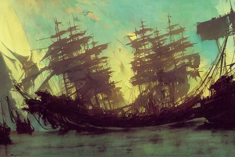 Prompt: pirate ship interior, intricate, elegant, highly detailed, vivid colors, john harris, frazetta, tyrus wong, ruan jia, jeffrey catherine jones