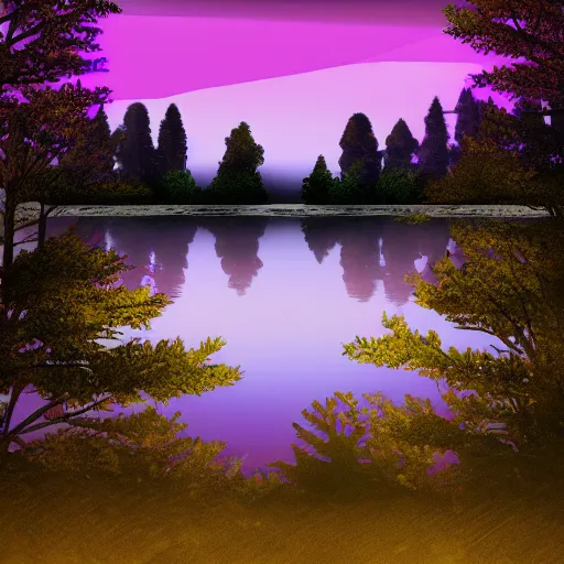 Prompt: Purple haze over a lake at night. Award-winning digital art, trending on ArtStation