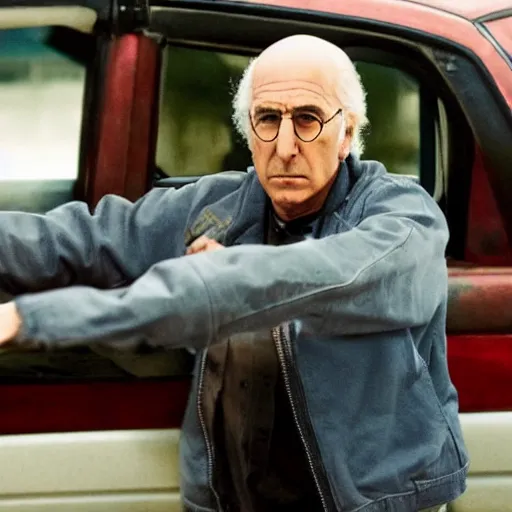 Image similar to Live Action Still of Larry David evading the cops in Breaking Bad, real life, hyperrealistic, ultra realistic, realistic, highly detailed, detailed, very detailed, cool, ultra detailed, very realistic, trending on artstation, epic, HD quality, 8k resolution, body and headshot, film still, real, detailed face, very detailed face, real life