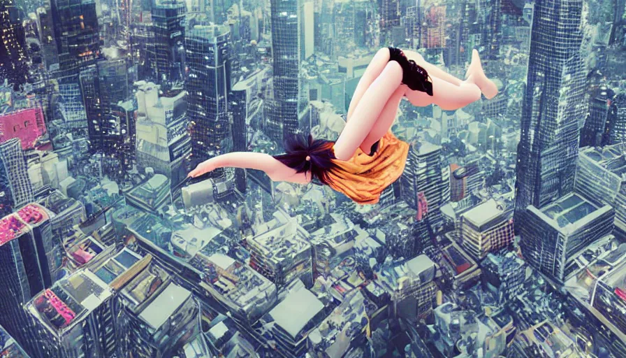 Prompt: a japanese girl floating over a city, photorealistic award winning art, anime style, detailed