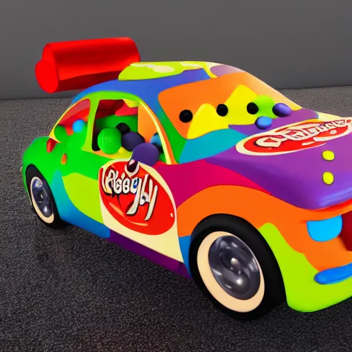 Prompt: Kelloggs fruity pebbles concept car, unreal engine 5 render