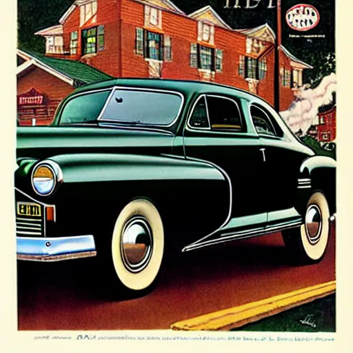 Image similar to in the style of norman rockwell, 1 9 4 8 desoto car, black, driving through a 1 9 5 0 s town