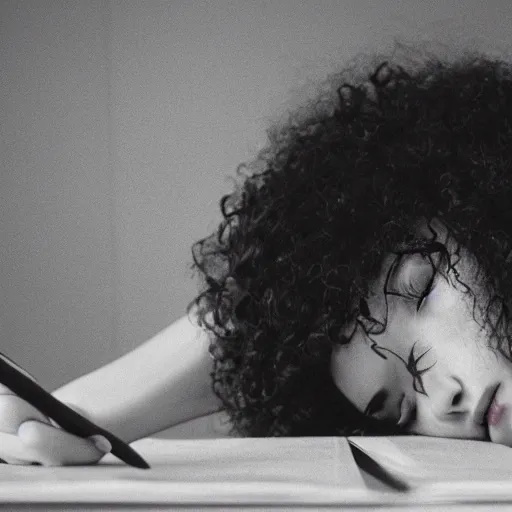 Prompt: a girl with curly brown hair and a big nose falling asleep at her desk, cinematic, moody