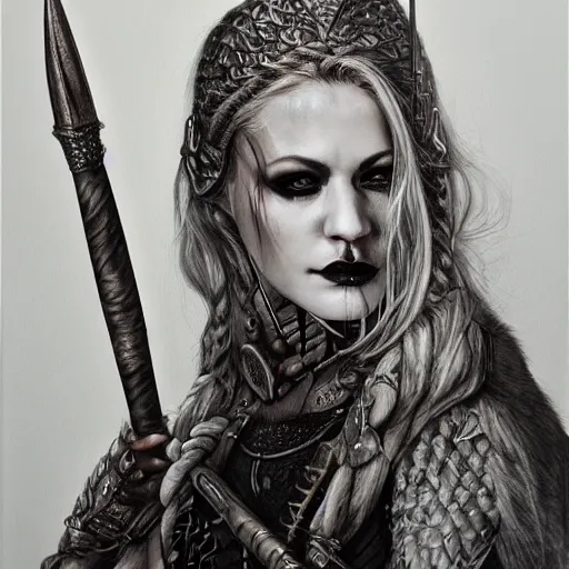 Image similar to hyper realistic pencil drawing of a goth viking princess, water color, full portrait, detailed, rim light, diffused, intricate, axe, battle, cyberpunk by anna dittmann