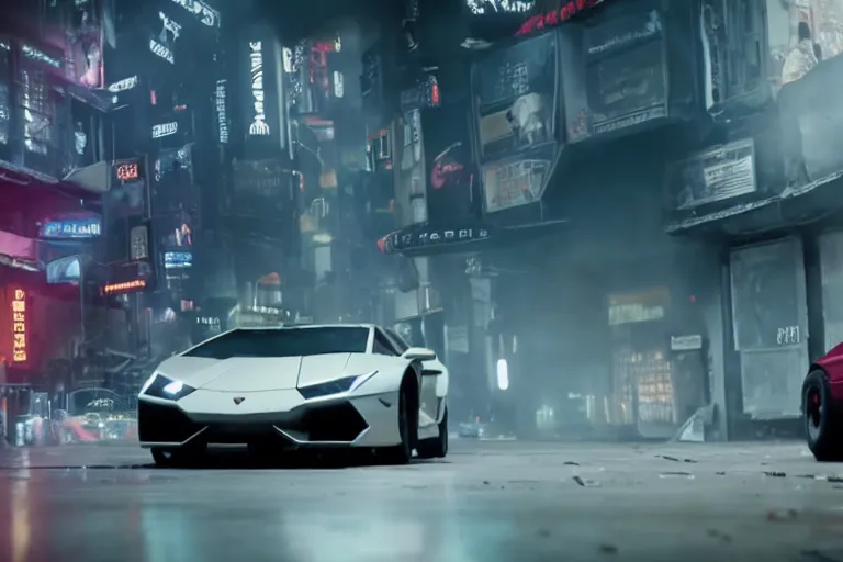 Image similar to A cinematic film still of a Lamborghini in the movie Blade Runner: 2049.