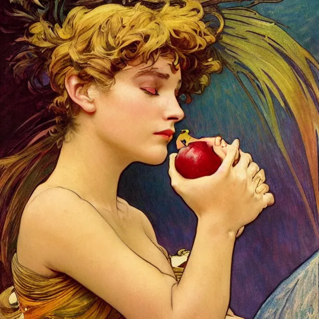 Image similar to an aesthetic! detailed close - up portrait of an aesthetic woman crying mournfully while holding an apple in a gloved hand, by frank frazetta and alphonse mucha, oil on canvas, bright colors, art nouveau, epic composition, dungeons and dragons fantasy art, hd, god - rays, ray - tracing, crisp contour - lines, huhd - 8 k