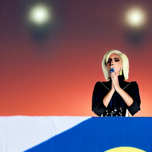 Image similar to Lady Gaga as president, Argentina presidential rally, Argentine flags behind, bokeh, giving a speech, detailed face, Argentina