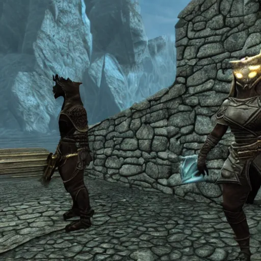 Prompt: Dragonborn using a laptop computer in Skyrim