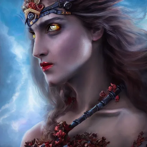 Image similar to beautiful gorgeous Persephone with the prettiest eyes the world has seen with a spear in her hand guiding the gargoyles back where they belong, goddess of life and death, cinematic lighting, high quality 8k hd, oil on canvas, hyper realistic art