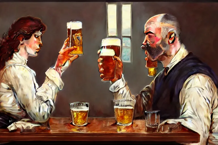 Image similar to portrait painting of wright brothers drinking beer together, ultra realistic, concept art, intricate details, serious, highly detailed, photorealistic, octane render, 8 k, unreal engine. art by artgerm and greg rutkowski and alphonse mucha