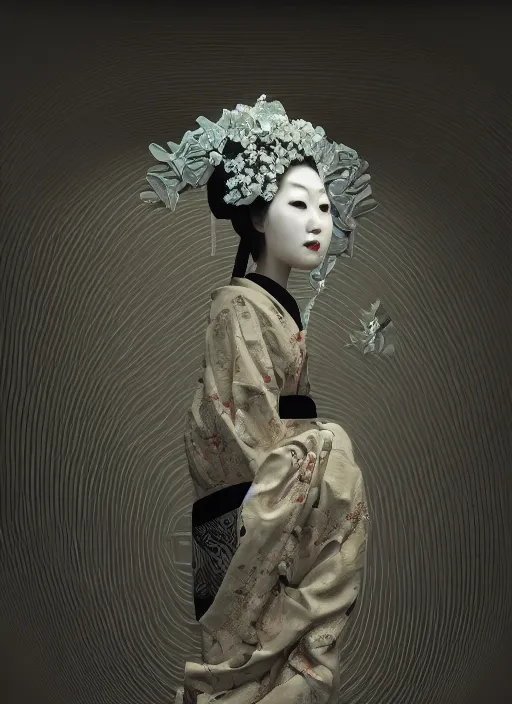 Image similar to portrait of a melancholic geisha, parallax, studio portrait against a black background, modern fine art, fractal, intricate, elegant, highly detailed, digital photography, subsurface scattering, by jheronimus bosch and yue minjun and greg rutkowski,