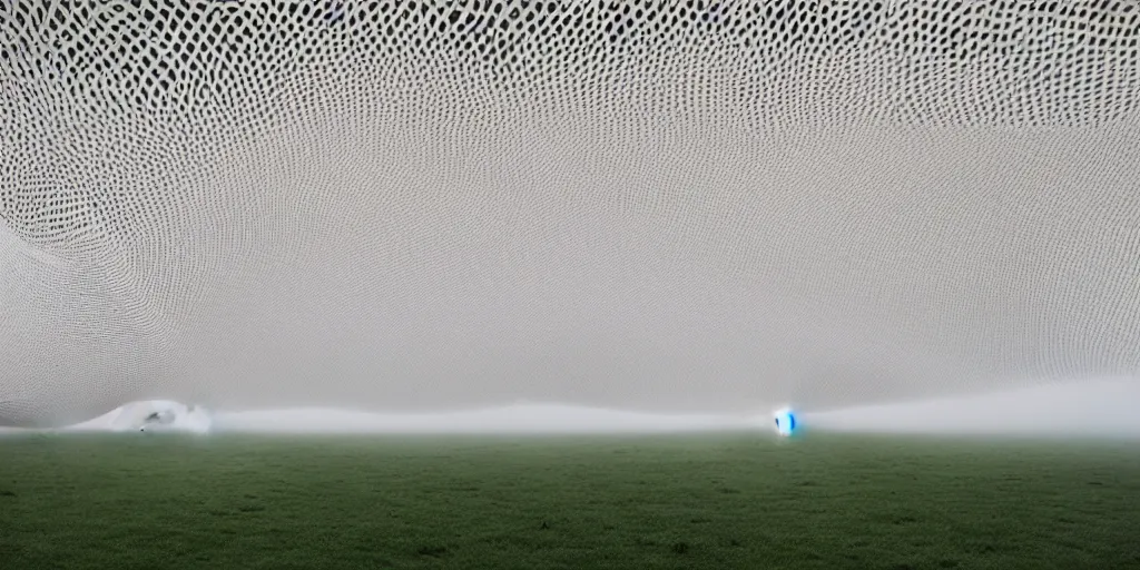 Prompt: white honeycomb organic building by ernesto neto sits on the field in low fog, light - mint with light - pink color, 4 k, insanely quality, highly detailed, film still from the movie directed by denis villeneuve with art direction by zdzisław beksinski, telephoto lens, shallow depth of field