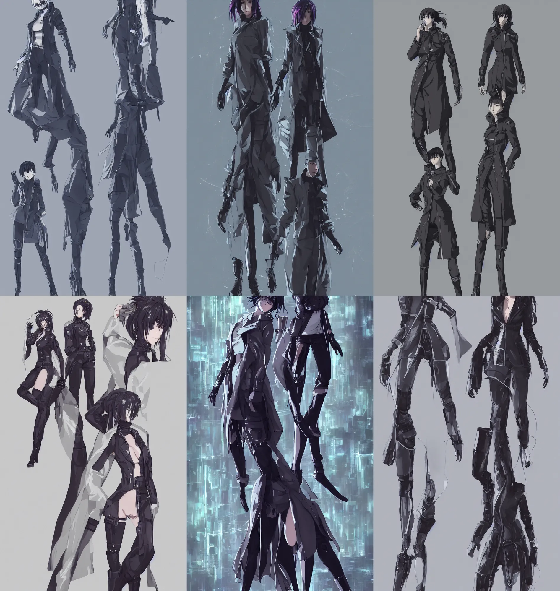 Prompt: a full body character illustration of a female anime cyberpunk dream police detective wearing a long trench coat, character concept art, inspired by ergo proxy and ghost in the shell, clear outfit design, techwear, trending on artstation, clear shapes, clean edges, full body