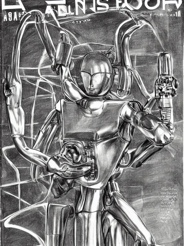 Prompt: “a drawing of a skinny silver humanoid robot preparing for a race on a race track, wide shot, midday, on the cover of a 1970s science fiction magazine”