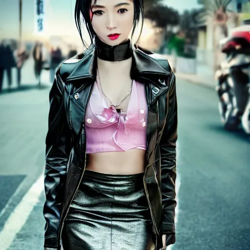 Image similar to a dynamic, epic cinematic 8K HD movie shot of a japanese beautiful cute young J-Pop idol actress yakuza rock star girl wearing leather jacket, miniskirt, nylon tights, high heels boots, gloves and jewelry. Motion, VFX, Inspirational arthouse, at Behance, with Instagram filters