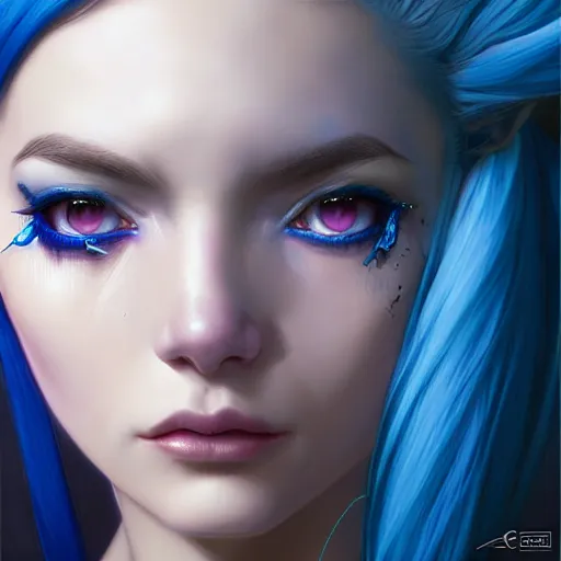 Image similar to a Portrait of JINX from League of Legends, blue hair, pigtail, intricate, elegant, highly detailed, digital painting, concept art, smooth, sharp focus, illustration, art by artgerm and greg rutkowski and alphonse mucha,artstation,deviantart,FAN ART,Unreal Engine,face enhance,8K,golden ratio,cinematic lighting H 704