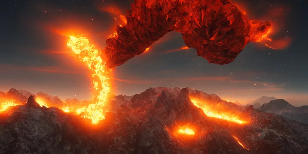 Image similar to giant fire ball attack comes from mountains, night, epic, dramatic, realistic, artstation, 8 k, high details