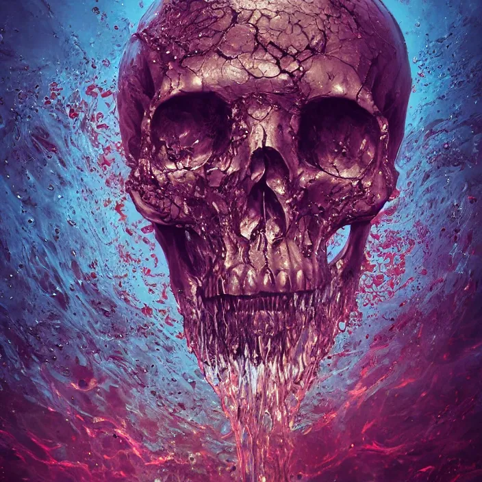 Prompt: a melting dripping human skull. burning water distortions. intricate abstract. intricate artwork. by Tooth Wu, wlop, beeple, dan mumford. octane render, trending on artstation, greg rutkowski very coherent symmetrical artwork. cinematic, hyper realism, high detail, octane render, 8k, depth of field, bokeh. iridescent accents