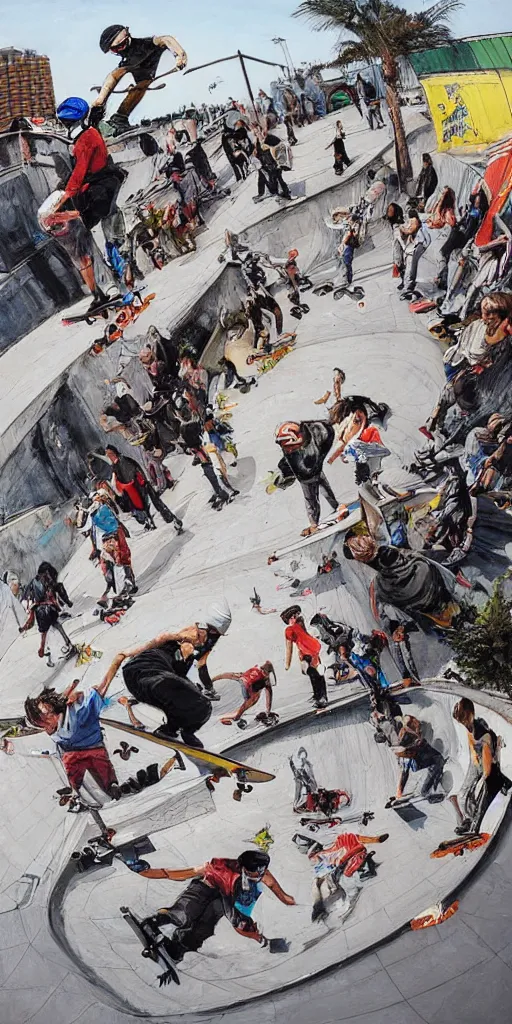 Image similar to oil painting scene skatepark with skaters and ramp by kim jung gi