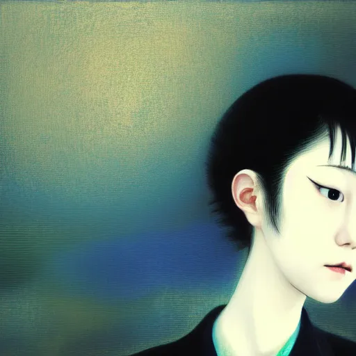 Image similar to yoshitaka amano blurred and dreamy realistic three quarter angle portrait of a young woman with short hair and black eyes wearing office suit with tie, junji ito abstract patterns in the background, satoshi kon anime, noisy film grain effect, highly detailed, renaissance oil painting, weird portrait angle, blurred lost edges