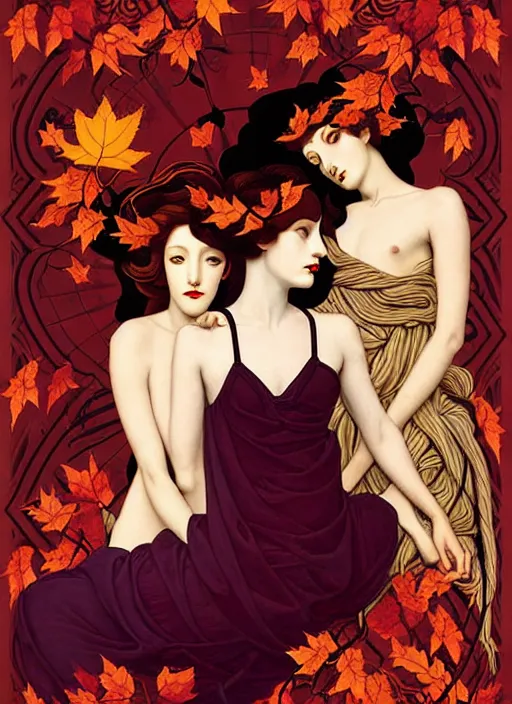 Prompt: 3 Autumn Muses symbolically representing September, October, and November, in a style blending Æon Flux, Peter Chung, Shepard Fairey, Botticelli, Ivan Bolivian, and John Singer Sargent, inspired by pre-raphaelite paintings, shoujo manga, and cool Japanese street fashion, dramatic autumn landscape, leaves falling, deep red gold and royal purple high contrast tones, hyper detailed, super fine inking lines, ethereal and otherworldly, 4K extremely photorealistic, Arnold render