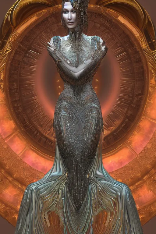Image similar to a portrait of a beautiful ancient alien woman goddess bella hadid aphrodite standing in iris van herpen dress jewelery and fractals in style of alphonse mucha art nuvo dmt trending on artstation made in unreal engine 4