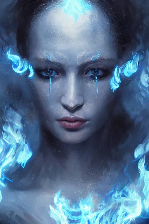 Image similar to a beautiful portrait of a young Demon women covered in blue and white flames with an intense look on her face by Greg Rutkowski, Sung Choi, Mitchell Mohrhauser, Maciej Kuciara, Johnson Ting, Maxim Verehin, Peter Konig, Bloodborne , 8k photorealistic, cinematic lighting, HD, high details, atmospheric , trending on artstation