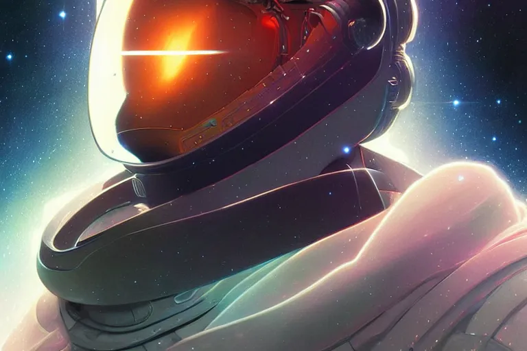 Image similar to Portrait of a Futuristic astronaut reflective visor reflecting a nebula supernova in space, portrait, elegant, intricate, digital painting, artstation, concept art, smooth, sharp focus, illustration, art by artgerm and greg rutkowski and alphonse mucha