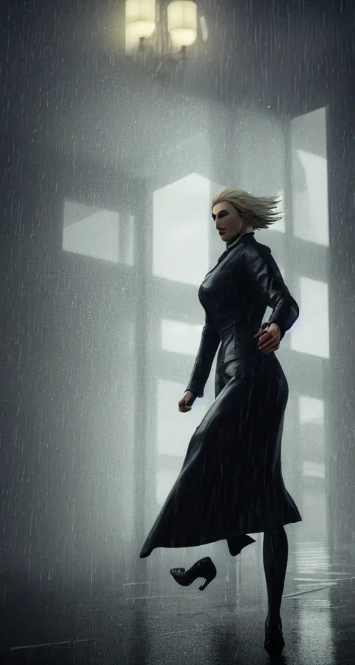 Image similar to beautiful model annie leonhart running on high heels with open toe in dunwall city, beautiful face, detailed face, cinematic lighting, rainy weather, melancholy atmosphere, volumetric light, octane render, dishonored 1, gothic architecture, realistic reflections, octane render 8 k, model agency