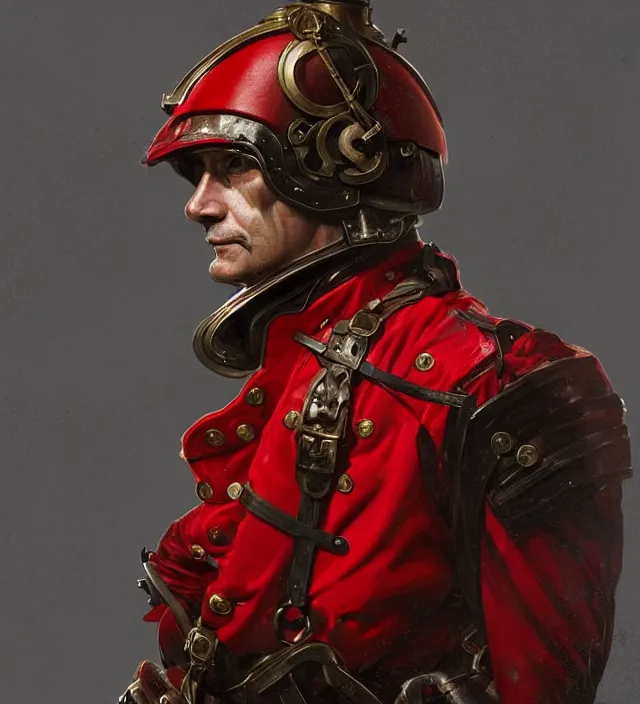 Image similar to portrait of a german man wearing a red and black traditional nineteenth century military jacket, metal shoulder pauldrons, highly detailed, digital painting, artstation, concept art, sharp focus, cinematic lighting, illustration, art by artgerm and greg rutkowski, alphonse mucha, cgsociety