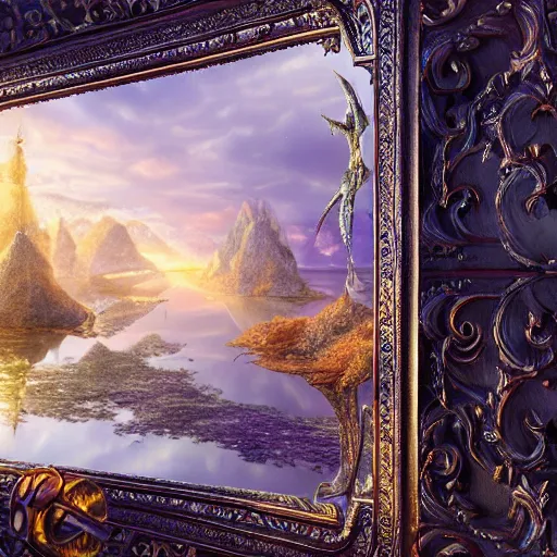 Image similar to a spell binding mirror, epic mystical background by Keith Thompson and Christopher Bretz, highly detailed, digital painting, HDRI, vivid colors, high contrast, 8k resolution, intricate, photorealistic, smooth